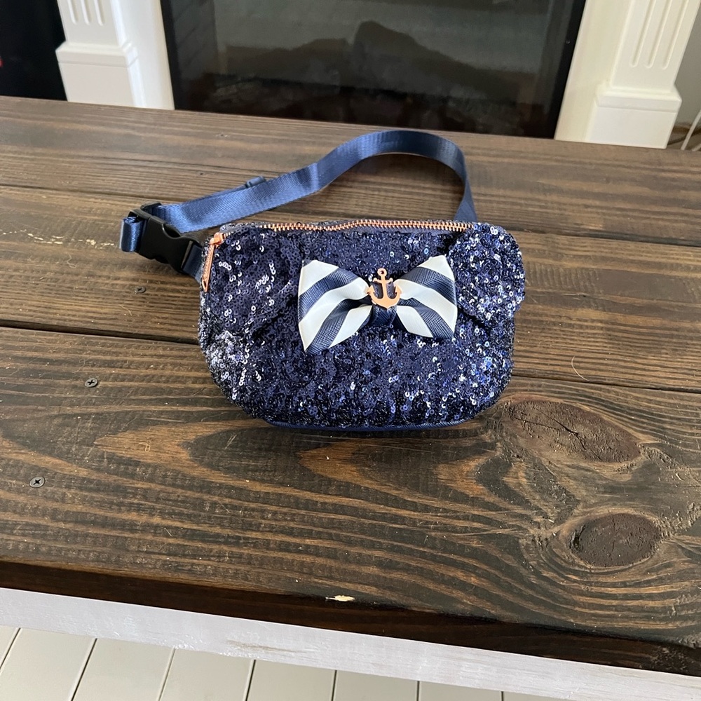 Loungefly Navy Sequin fanny pack with Striped Bow